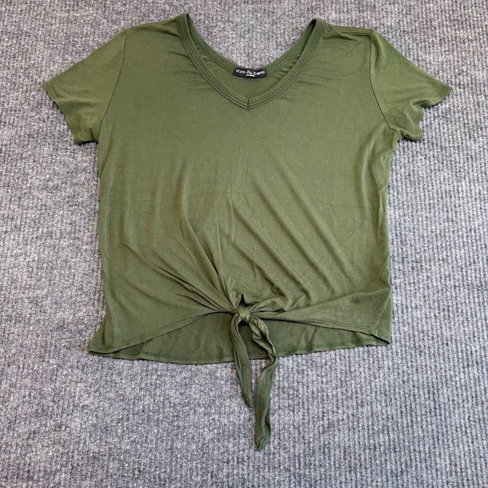 Kim & Cami Olive Green V Neck Knot‎ Front Tee Women's Short Sleeve M